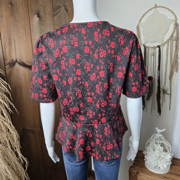 Anthropologie Meadow Rue Black Red Floral Peplum Faux Wrap Top - Picture 4 of 14
